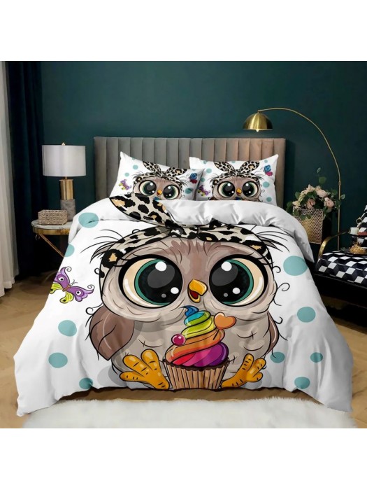 Set Copri Piumone Lenzuolo Federe Copripiumino Gufi Owls Duvet Cover BED0054M